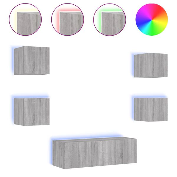 vidaXL ТВ стенни шкафове, 5 части, с LED светлини, сив сонома