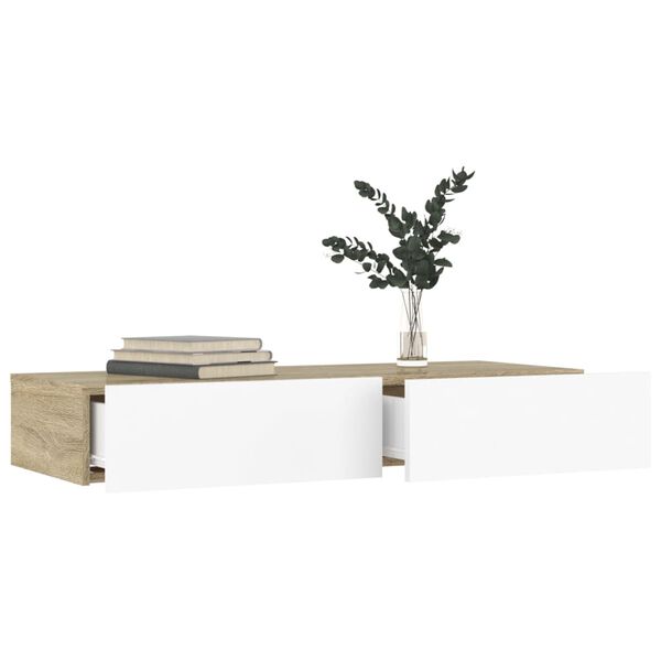 vidaXL ТВ шкаф с LED осветление, бяло и дъб сонома, 90x35x15,5 см