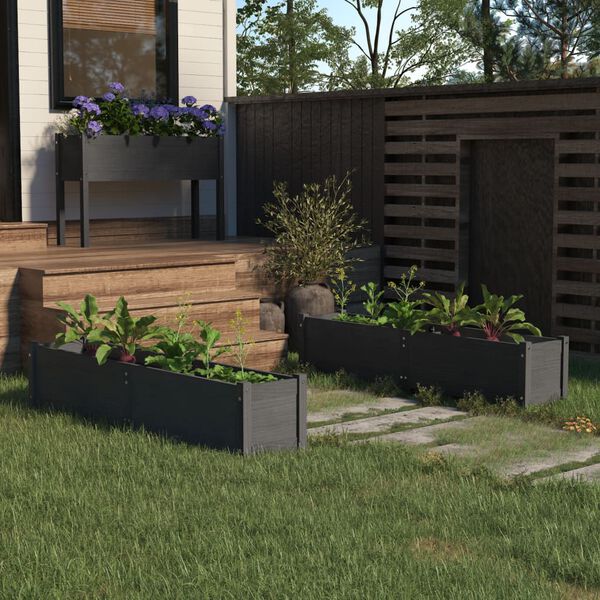 vidaXL Градински повдигнати легла, 2 бр, сиви, 150x31x31 см, бор масив