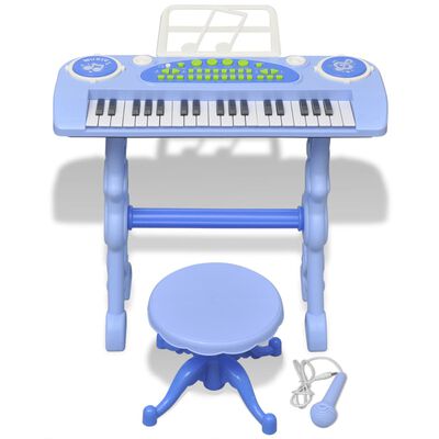 Детско пиано с 37 клавиша, стол и микрофон, син цвят