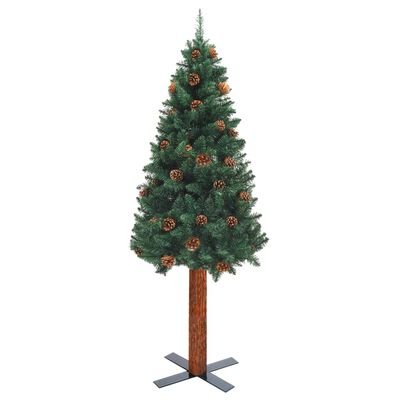 vidaXL Слим осветена елха с истинско дърво и шишарки зелена 150 см