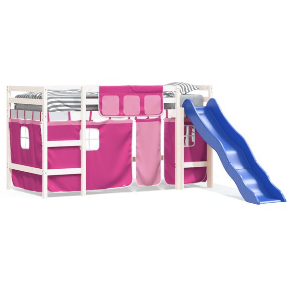 vidaXL Детско високо легло със завеси розово 80x200 см бор масив