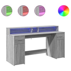 vidaXL Бюро с LED осветление, сив сонома, 160x55x91см, инженерно дърво