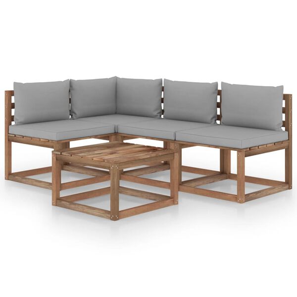 vidaXL Градински лаундж комплект 5 части със сиви възглавници