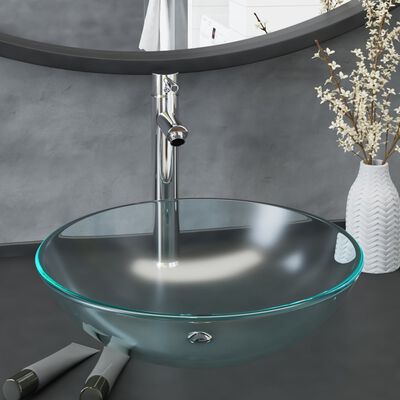 vidaXL Мивка за баня с кран и сифон, матирано закалено стъкло