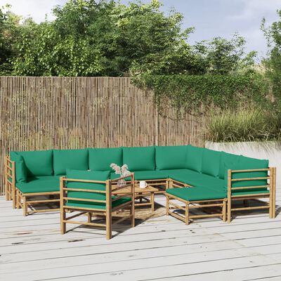 vidaXL Градински лаундж комплект, 12 части, зелени възглавници, бамбук