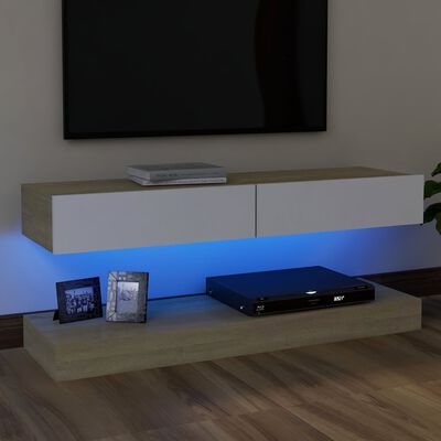 vidaXL ТВ шкаф с LED осветление, бяло и дъб сонома, 120x35 см