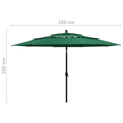 vidaXL Градински чадър на 3 нива с алуминиев прът, зелен, 3,5 м