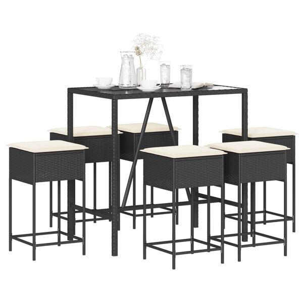 vidaXL Градински бар комплект с възглавници 7 части черен полиратан