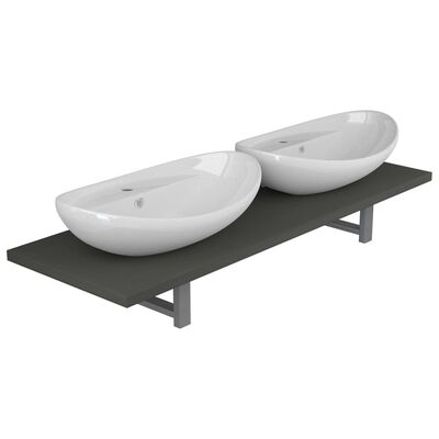 vidaXL Комплект мебели за баня от три части, керамика, сив