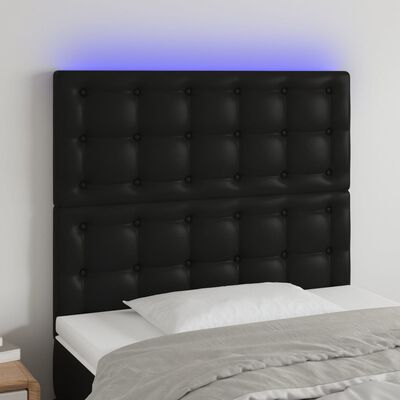 vidaXL LED горна табла за легло,черна,100x5x118/128см, изкуствена кожа