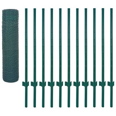 vidaXL Ограда от телена мрежа с колчета, стомана, 25х0,5 м, зелена