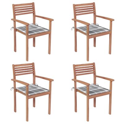 vidaXL Градински столове, 4 бр, възглавници на сиво каре, тик масив