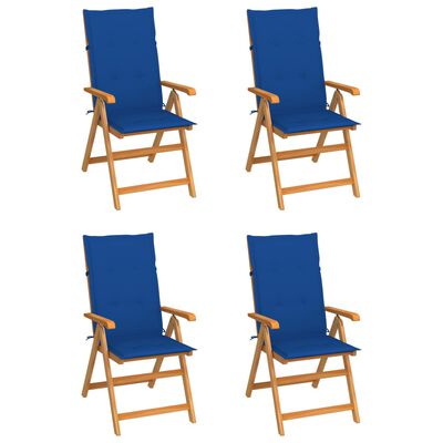 vidaXL Градински столове, 4 бр, кралскосини възглавници, тик масив