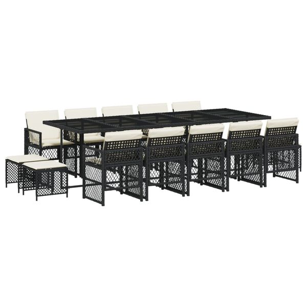 vidaXL Градински комплект с възглавници 15 части полиратан черен