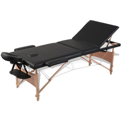 vidaXL Черна сгъваема масажна кушетка 3 зони с дървена рамка