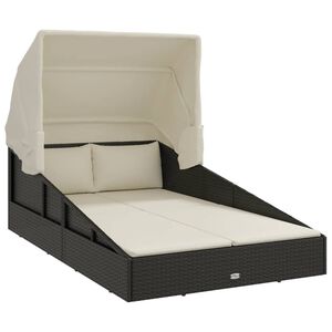 vidaXL Шезлонг със сгъваем покрив, черен, 200x114x128 см, полиратан