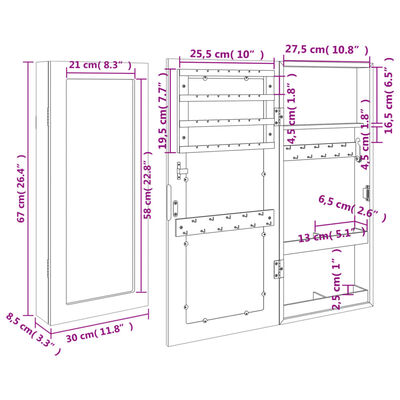 vidaXL Огледален шкаф за бижута, стенен монтаж, бял, 30x8,5x67 см