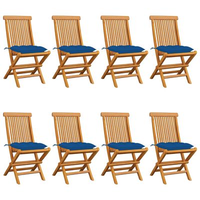 vidaXL Градински столове със сини възглавници 8 бр тик масив