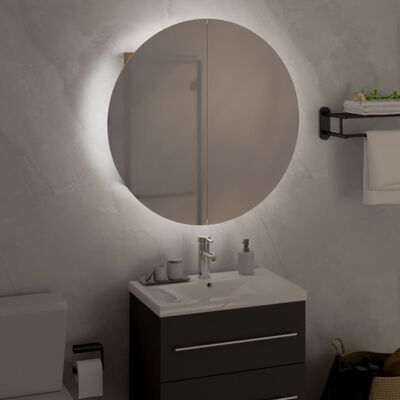 vidaXL Шкаф за баня с кръгло огледало и LED, дъб, 47x47x17,5 см