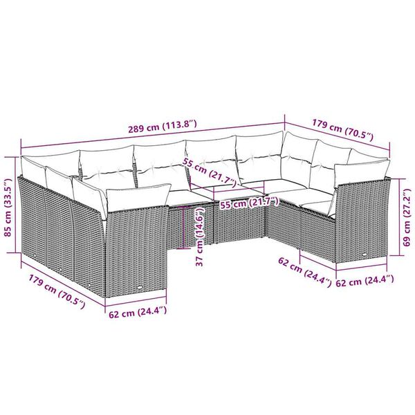 vidaXL Градински комплект с възглавници, 9 части, светлосив полиратан