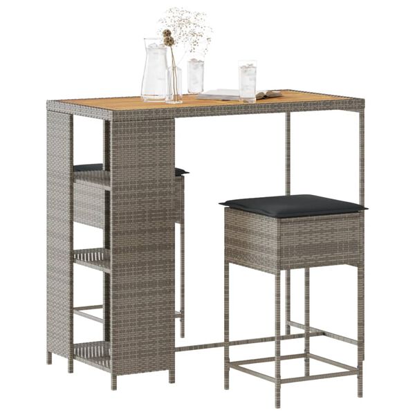 vidaXL Градински бар комплект с възглавници 3 части сив полиратан