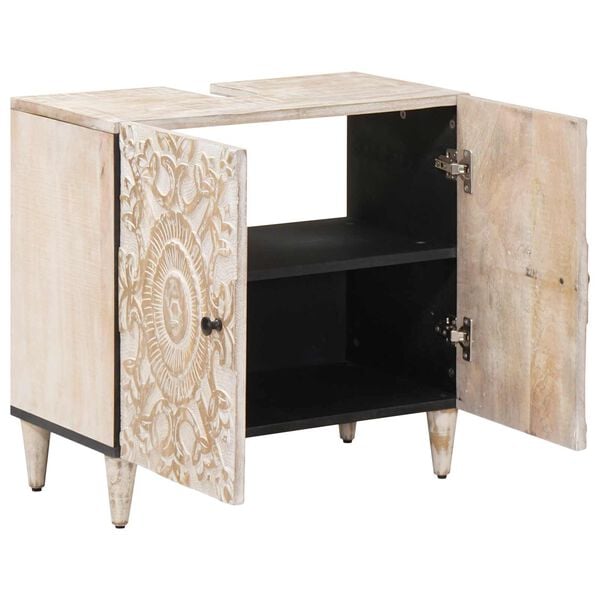 vidaXL Шкаф за мивка в баня Бяло 62 x 33 x 58 см Солидно мангово дърво