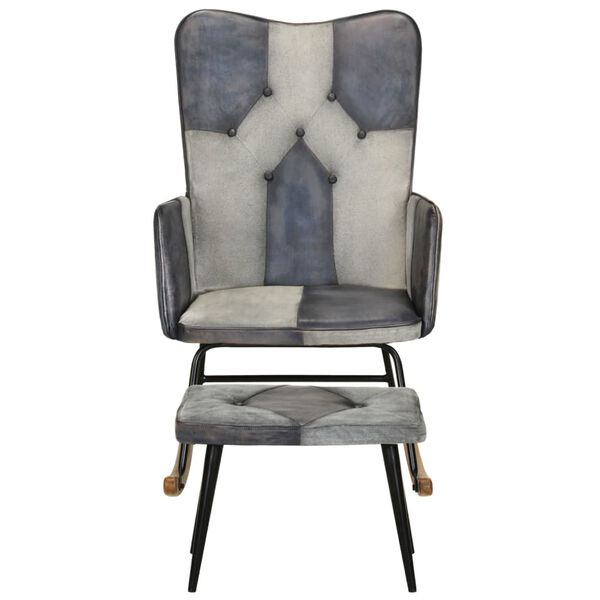 vidaXL Люлеещ се стол с табуретка, сив, естествена кожа и платно