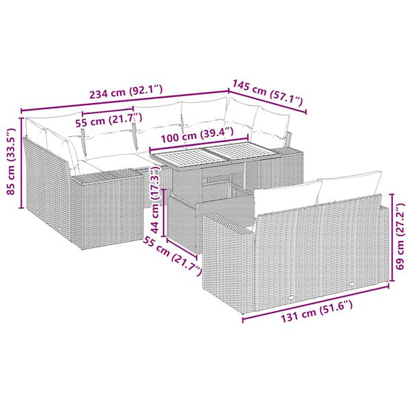 vidaXL Градински диван с възглавници, 11 части, бежов полиратан