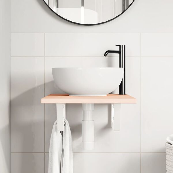 vidaXL Стенен рафт за мивка, стомана и масивно дърво дъб