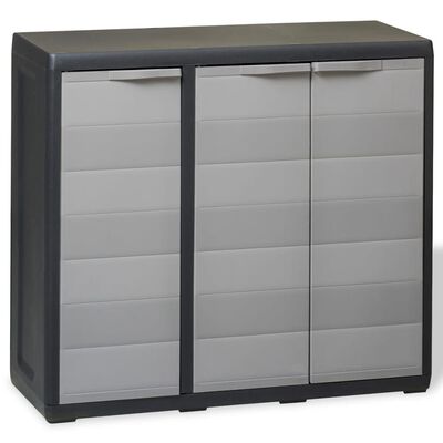 vidaXL Градински шкаф за съхранение с 2 рафта, черно и сиво