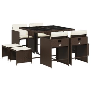 vidaXL Градински трапезен комплект възглавници 9 части кафяв полиратан
