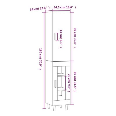vidaXL Висок шкаф, сив сонома, 34,5x34x180 см, инженерно дърво