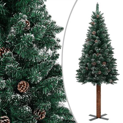vidaXL Слим осветена елха с истинско дърво и бял сняг зелена 210 см