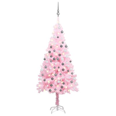 vidaXL Изкуствена осветена коледна елха с топки розова 120 см PVC