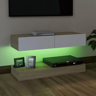 vidaXL ТВ шкаф с LED осветление, бяло и дъб сонома, 90x35 см
