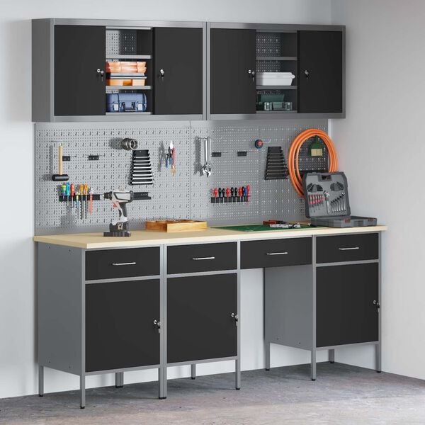 vidaXL Работен кабинет 10 pcs Черно Инженерна дървесина и стомана