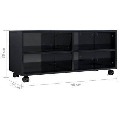 vidaXL ТВ шкаф с колелца, черно със силен гланц, 90x35x35 см, ПДЧ