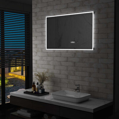 vidaXL LED огледало за баня с тъч сензор и показване на часа 100x60 см