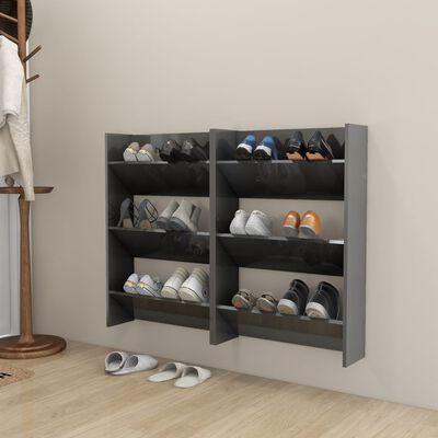 vidaXL Стенни шкафове за обувки, 2 бр, сив гланц, 60x18x90 см, ПДЧ