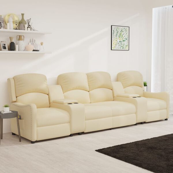 vidaXL 4-местен масажен реклайнер с държачи за чаши, кремав, текстил