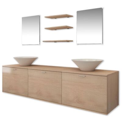 vidaXL Комплект мебели за баня, с мивки и кранове, бежов, 10 части