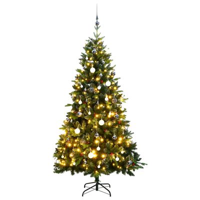 vidaXL Изкуствена коледна елха с шарнири, 300 LED и топки, 180 см