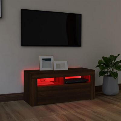 vidaXL ТВ шкаф с LED осветление, кафяв дъб, 90x35x40 см