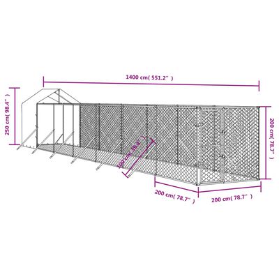 vidaXL Външна клетка за куче с покрив сребриста 2x14x2,5 м стомана
