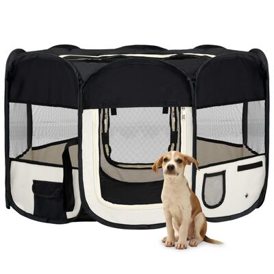vidaXL Сгъваема кучешка кошара с чанта за носене, черна, 125x125x61 см