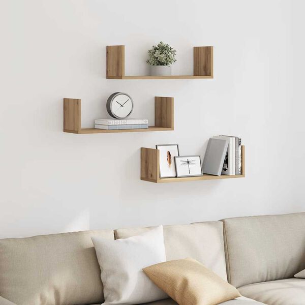 vidaXL Стенни рафтове, 3 бр, дъб артизан, 58x18x18 см, инженерно дърво