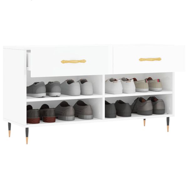 vidaXL Пейка за обувки, бял гланц, 102x35x55 см, инженерно дърво