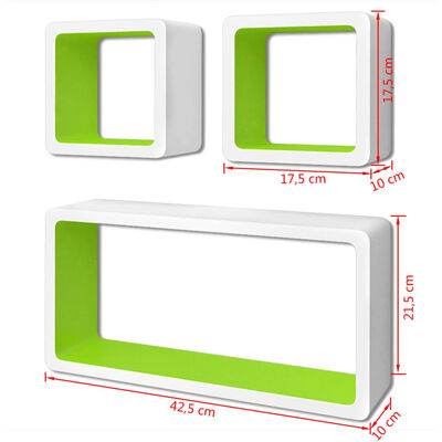 Стенни рафтове за съхранение на книги / DVD, МДФ, 3 бр, бяло-зелено