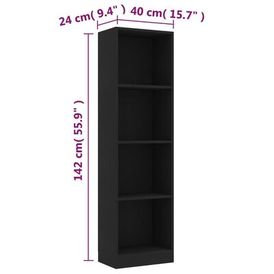 vidaXL 4-етажна библиотека, черна, 40x24x142 см, ПДЧ